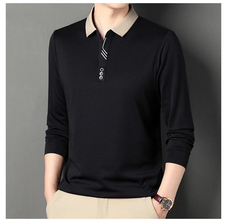 Men's Polo T-Shirt Casual Waffle Long Sleeve T-shirt Spring Autumn Elastic Lapel Base Shirt Top Brand Male Clothes