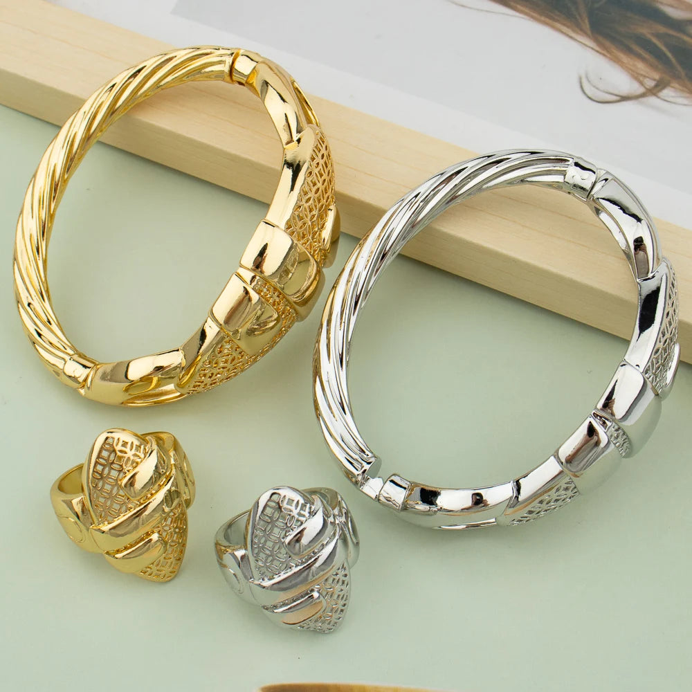 Gold Plated Cuff Bangle With Ring For Women Bracelet Jewelry Gift Hollow Out Design Bracelet
