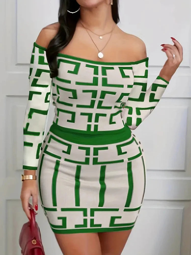 Women Fashion Two Piece Set  Off-Shoulder Top & High-Waisted Slim Skirt Outfit Clothing Chic Geometric Print