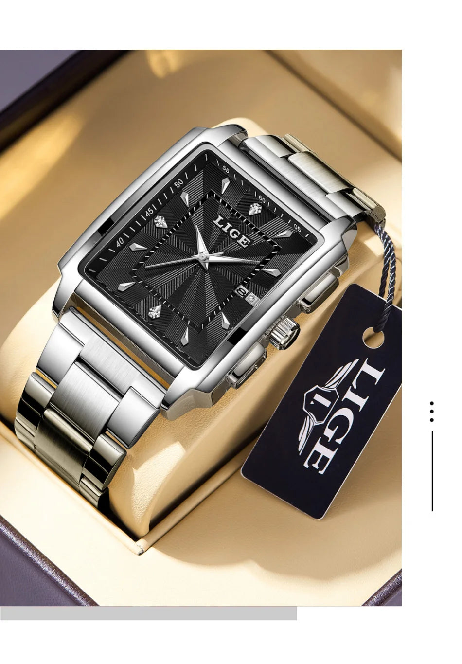 LIGE Men Square Gold Watch Top Brand Luxury Quartz Watches Stainless Steel Waterproof Wristwatch Relogio Masculino