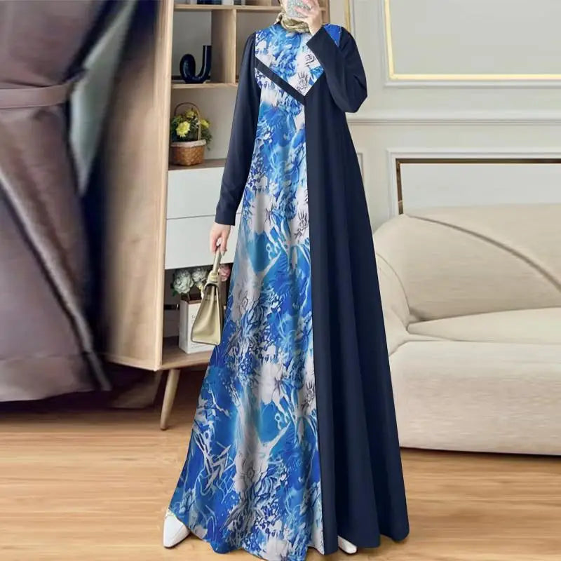 Abaya Muslim Fashion Long Sleeve O Neck Abaya Robes ZANZEA Women Elegant Floral Printed Patchwork Long Dresses