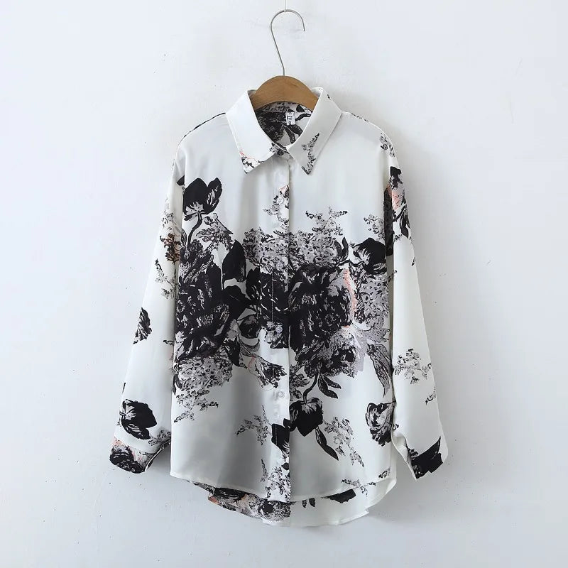 Floral print long-sleeve blouse with turn-down collar, casual streetwear for women, perfect for summer and autumn.