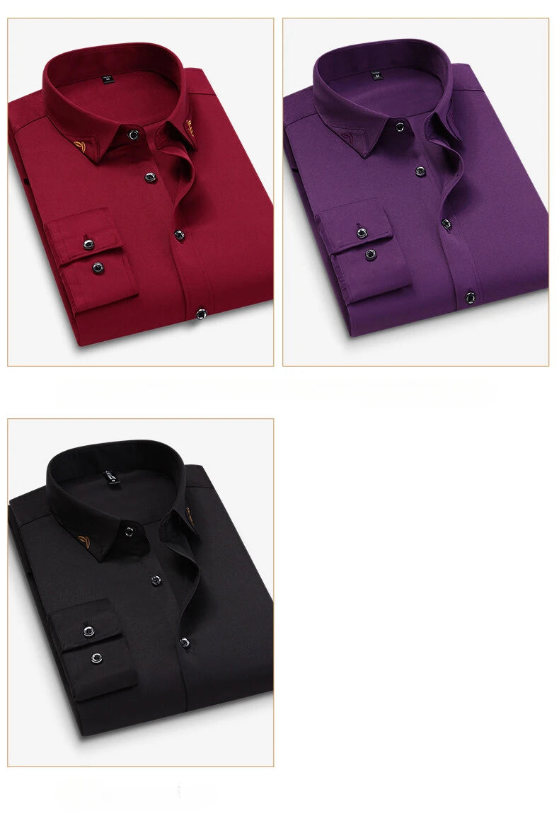 Men's Shirt  Long-sleeved Lite Embroidered Business Shirt Classic Slim Formal Male Brand Dress