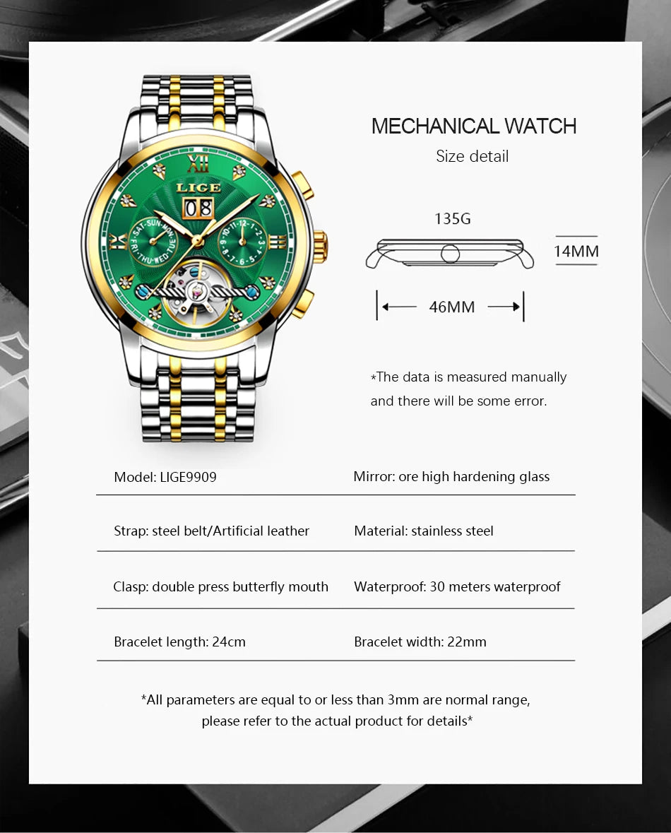 LIGE Luxury Tourbillon Watch for Men Sport Men's Mechanical Wristwatches Casual Waterproof Automatic Watch