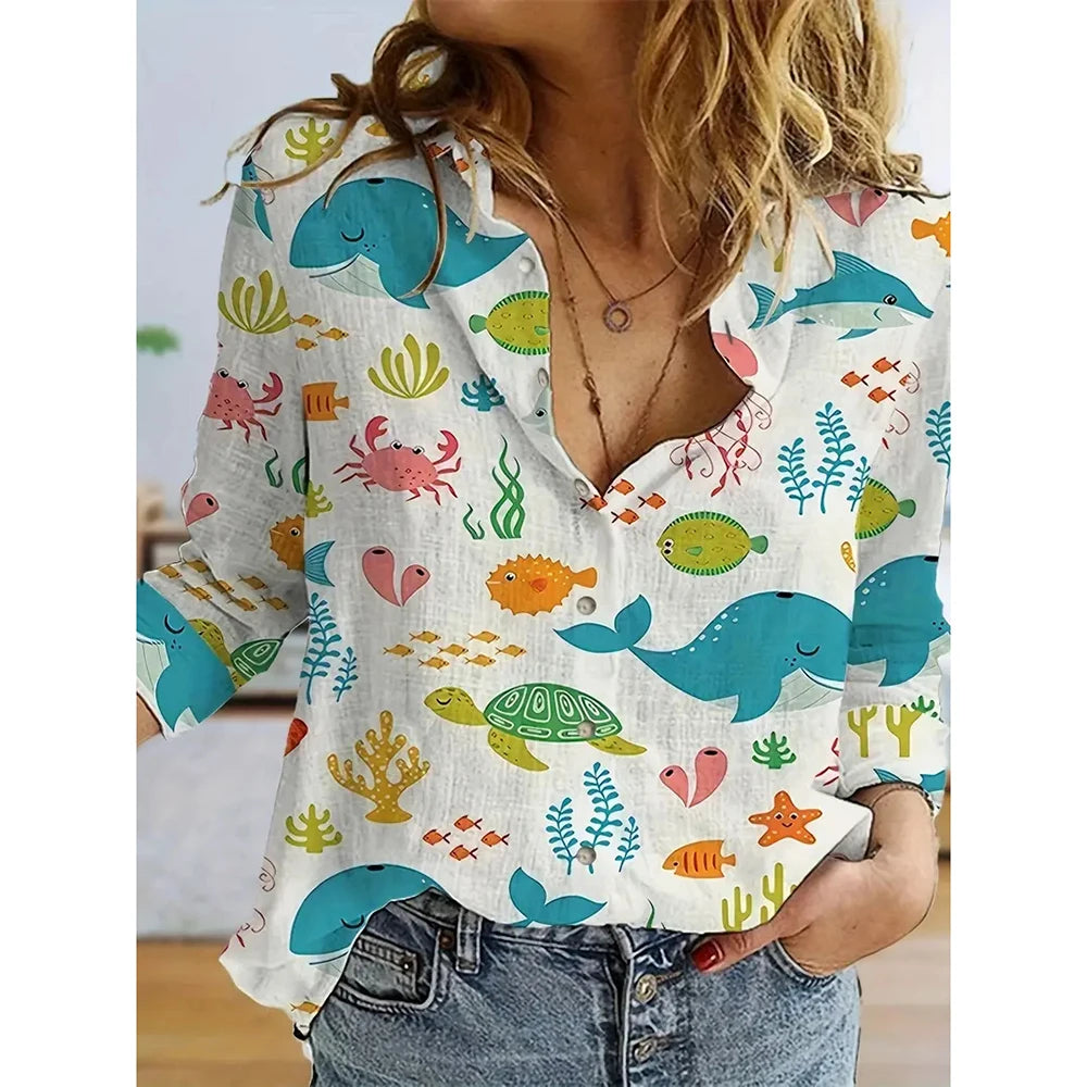 Spring Women's Long Sleeve Shirts Fashion Christmas Cartoon Print Single Breasted Shirts Popular Women's Casual Basic Tops