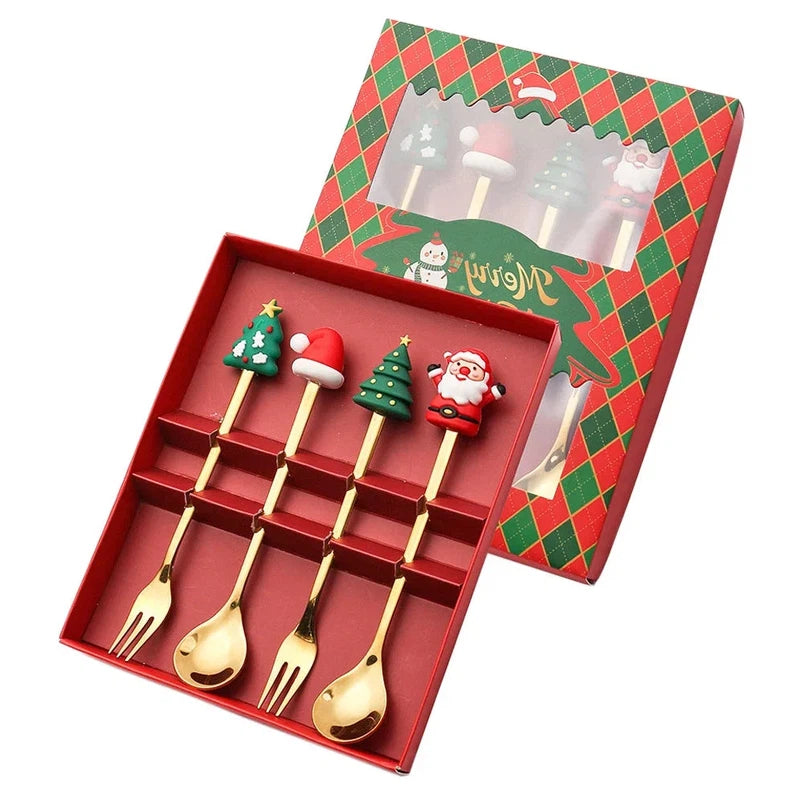 4/6Pcs Christmas coffee spoons and forks set in red/green gift box, stainless steel material.