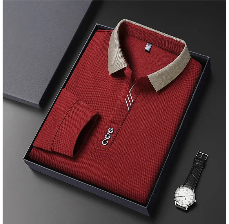 Men's Polo T-Shirt Casual Waffle Long Sleeve T-shirt Spring Autumn Elastic Lapel Base Shirt Top Brand Male Clothes