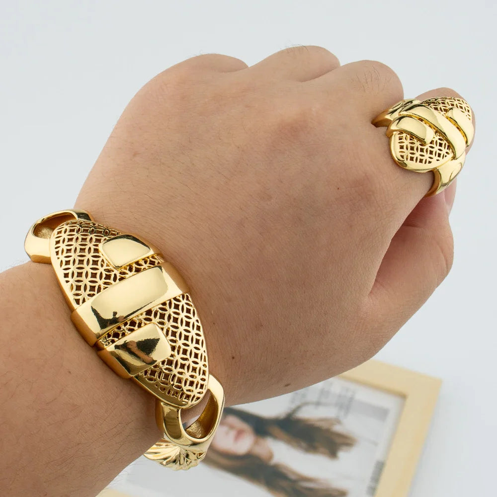 Gold Plated Cuff Bangle With Ring For Women Bracelet Jewelry Gift Hollow Out Design Bracelet
