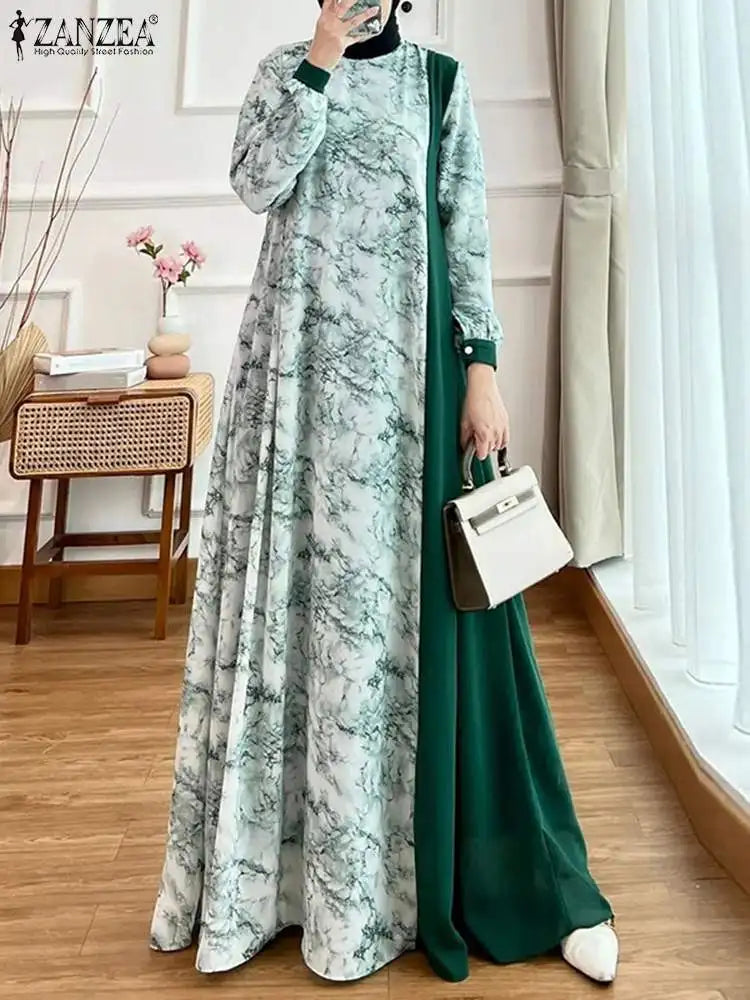 Women Spring Patchwork Maxi Dress ZANZEA Floral Printed Muslim Abaya Robe Femme Long Sleeve Dubai Sundress Islamic Clothing 2024