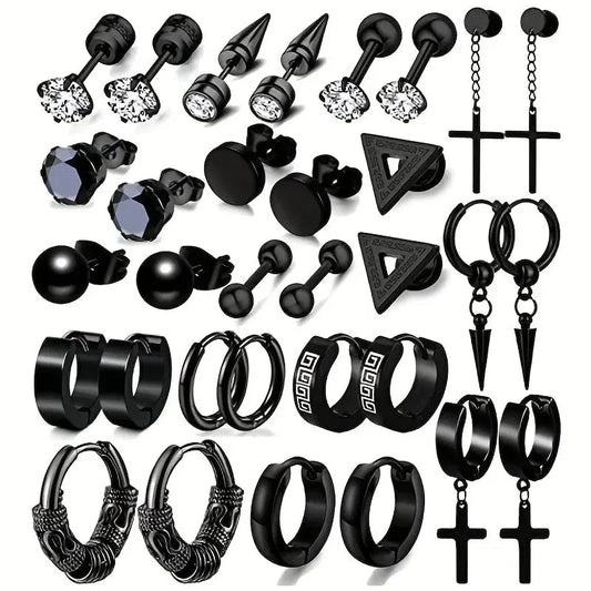 16 pairs Punk Stainless Steel Stud Earrings Black Earrings Set For Men Women Vintage Hip Hop Piercing Ear Jewelry Accessories-Yes Yar FZE LLC-16 pair set-Yes Yar FZE LLC