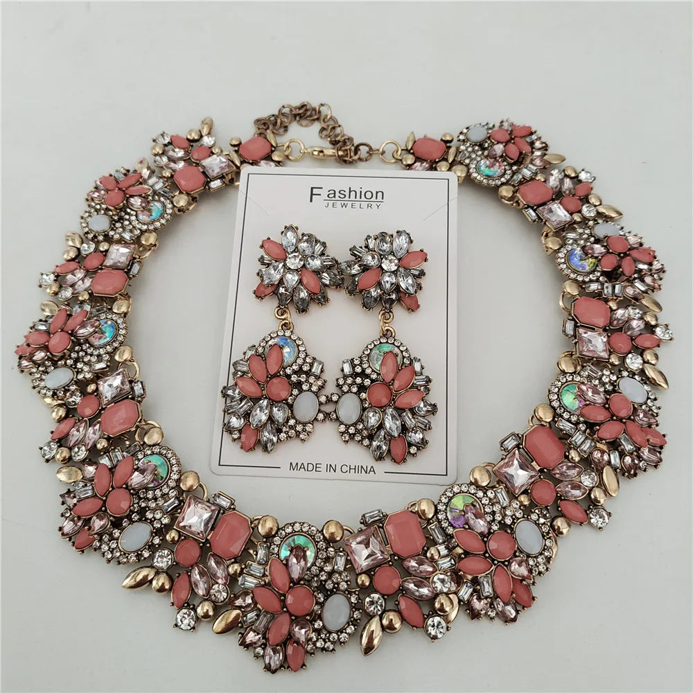 Crystal Rhinestones Necklace Earrings Bridal Jewelry Sets Big Choker Necklace