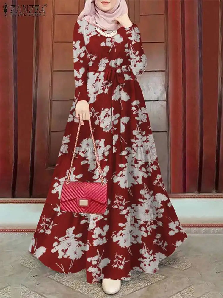 Women Muslim Abaya Long Dress ZANZEA Vintage Long Sleeve Floral Printed Sundress Marocain Eid Mubarek Ramadan Turkey Vestido