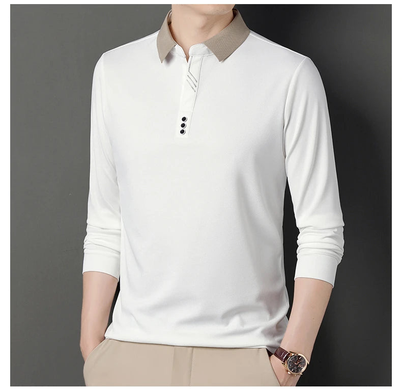 Men's Polo T-Shirt Casual Waffle Long Sleeve T-shirt Spring Autumn Elastic Lapel Base Shirt Top Brand Male Clothes