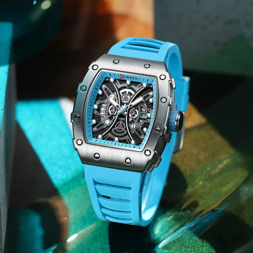 Men Quartz Watches CURREN 3D Stainless Steel Watches Waterproof Silicone Strap Wristwatch