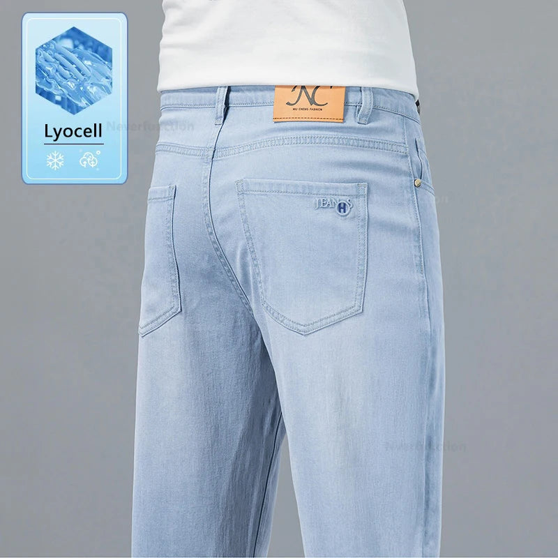 Men's Jean Pant Ultra-thin Light Blue Lyocell Fabric Breathable Loose Straight Business Casual Male Denim Trousers