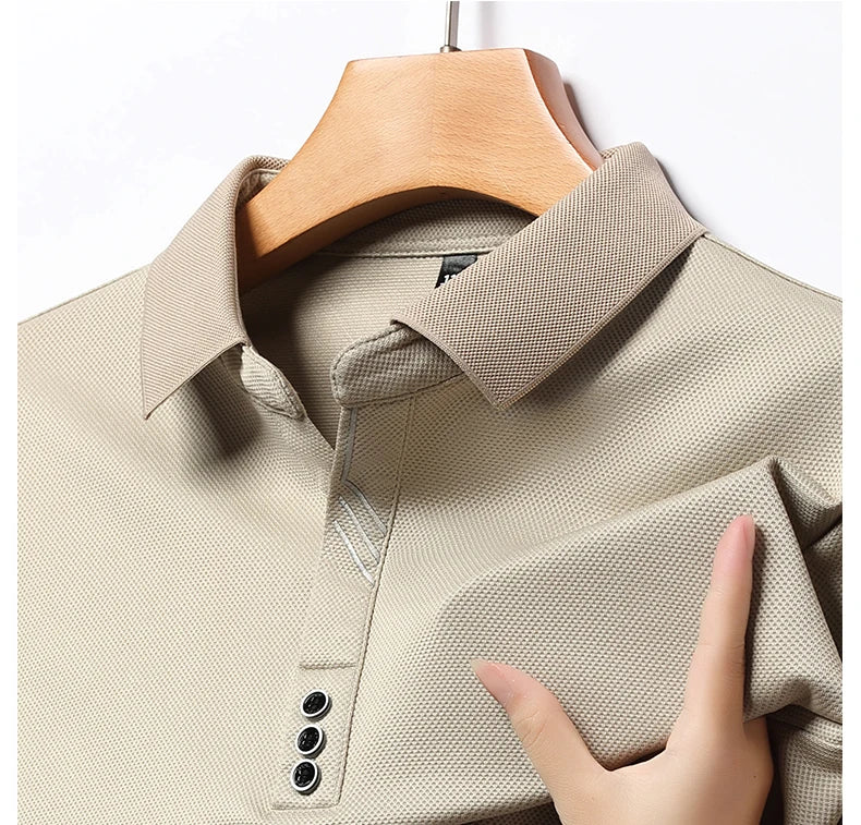 Men's Polo T-Shirt Casual Waffle Long Sleeve T-shirt Spring Autumn Elastic Lapel Base Shirt Top Brand Male Clothes