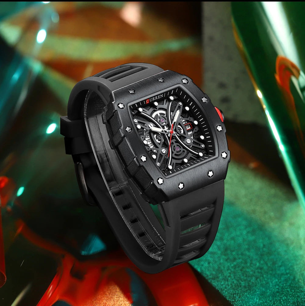 Men Quartz Watches CURREN 3D Stainless Steel Watches Waterproof Silicone Strap Wristwatch