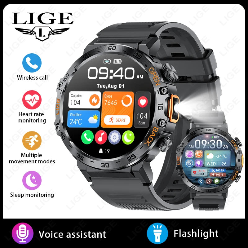 LIGE 2025 Smart Watch Men 360*360 AMOLED HD Screen Waterproof Sport Fitness Watches Flashlight