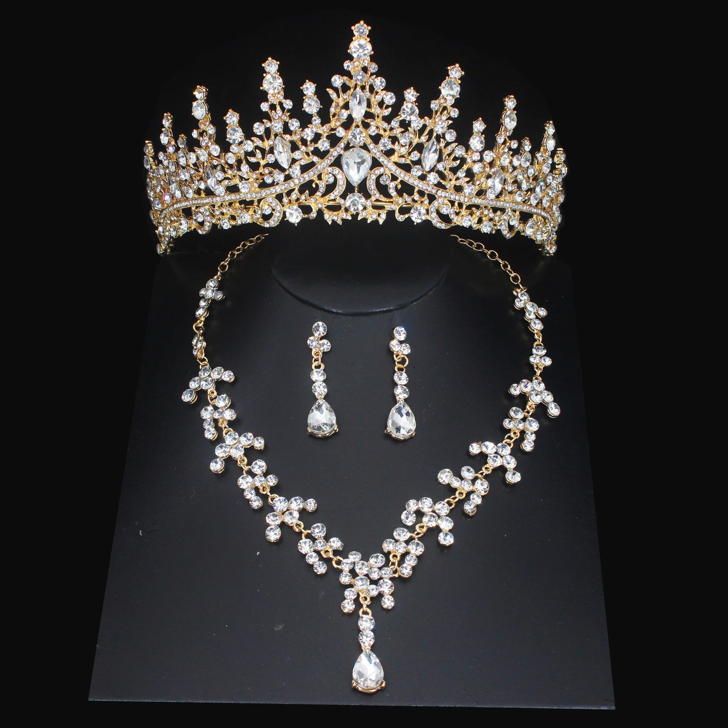 Crystal Wedding Bridal Jewelry Sets Women/Girl Gold Color Tiara/Crown Earrings Choker Necklace Bride Jewelry Set