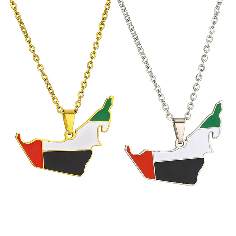 Gold and silver UAE map flag pendant necklaces for women and men, stainless steel jewelry for parties.