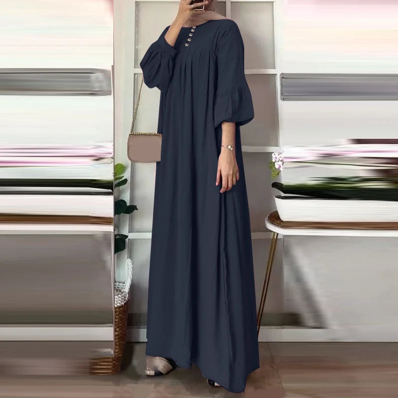 Abaya, Long Dress, Maxi for Muslim Women ZANZEA Vintage Autumn Sundress Fashion Long Lantern Sleeve Solid Maxi Dress Robe