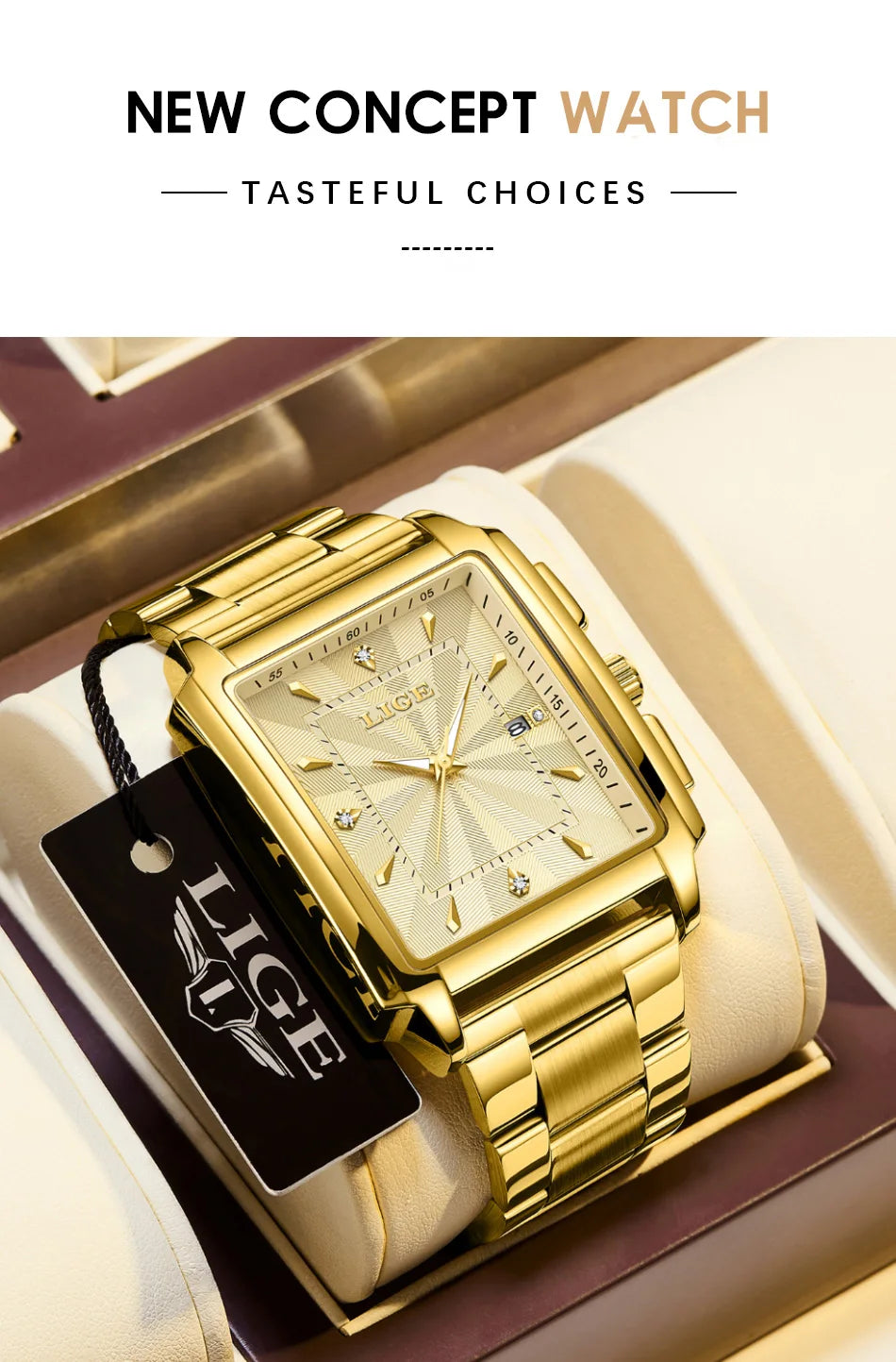 LIGE Men Square Gold Watch Top Brand Luxury Quartz Watches Stainless Steel Waterproof Wristwatch Relogio Masculino