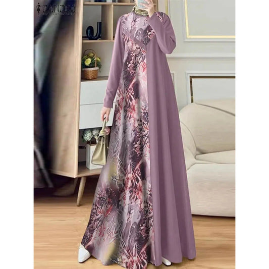 Abaya Muslim Fashion Long Sleeve O Neck Abaya Robes ZANZEA Women Elegant Floral Printed Patchwork Long Dresses