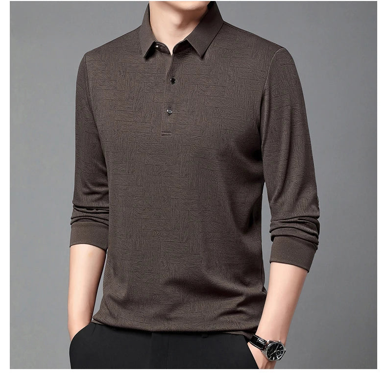 Men's Polo Shirt Hollow Printing Lapel Long-sleeved Business Fashion Male T-Shirt Golf Bottoming Shirt Top