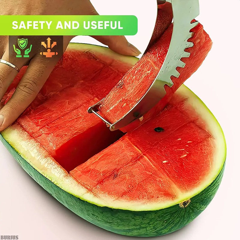 Watermelon slicer cutter with stainless steel blade, non-slip handle, safe kitchen tool for cutting cantaloupe.