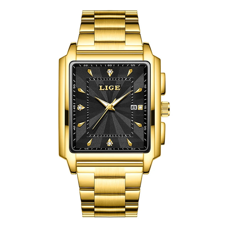 LIGE Men Square Gold Watch Top Brand Luxury Quartz Watches Stainless Steel Waterproof Wristwatch Relogio Masculino