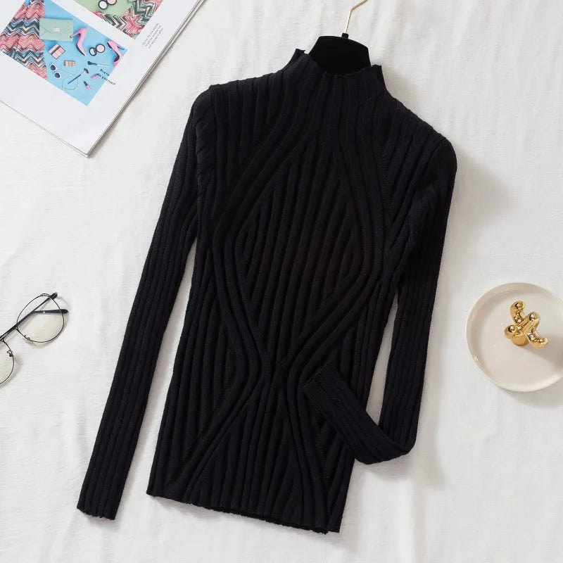 Women Pullover Knitted Sweater Half Turtleneck Jumper Sweater Autumn Winter Solid Slim Chic Streetwear Long Sleeve