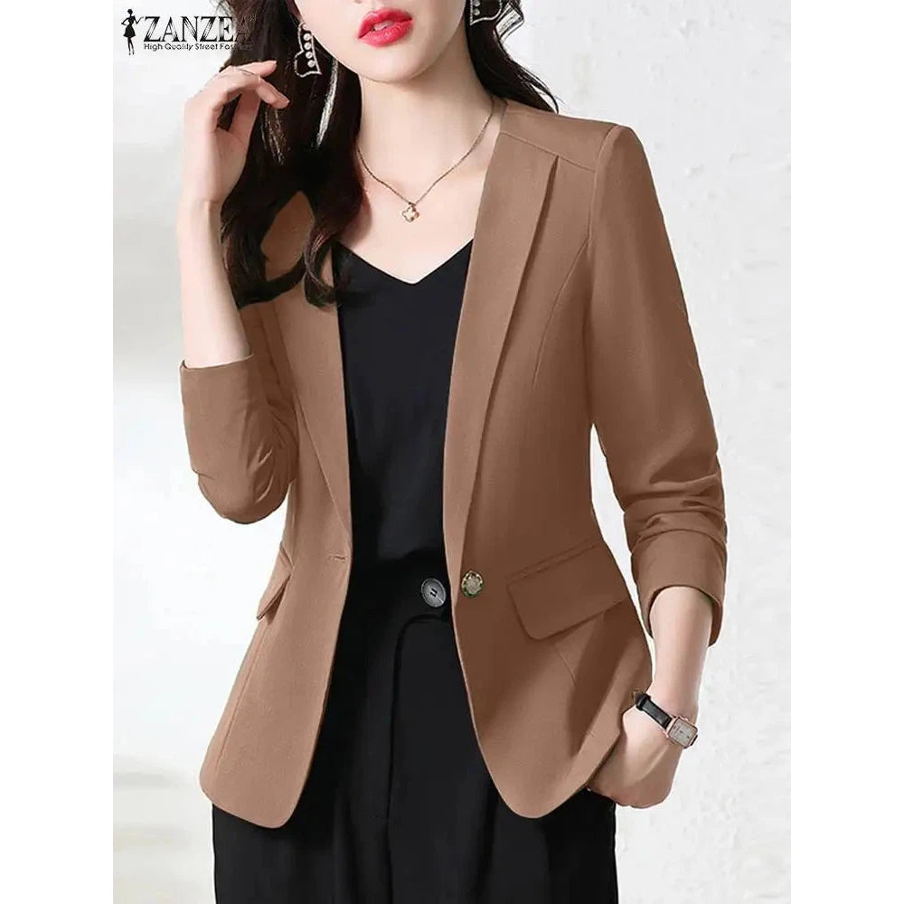 Women Blazer by ZANZEA Women Elegant OL Jackets Casual Slim Outwear Solid Lapel Neck Long Sleeve Work Thin Coats