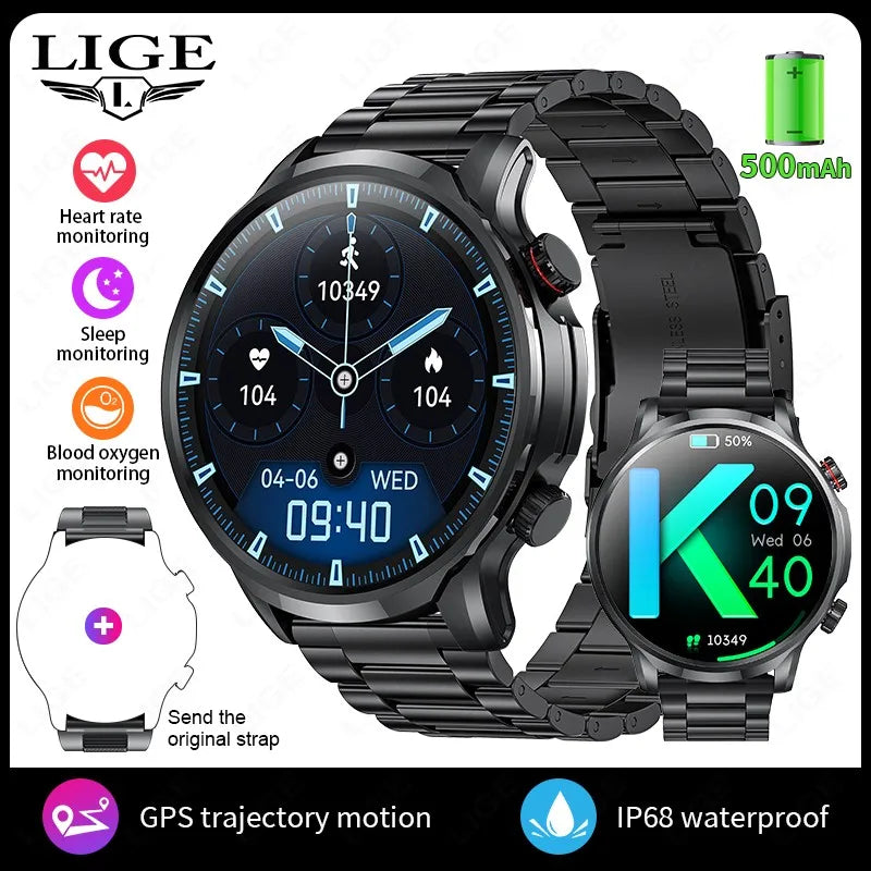 LIGE Smart Watch Large Screen Bluetooth Calling Health Monitoring 500mAh Large Battery AI Voice Men Smartwatch