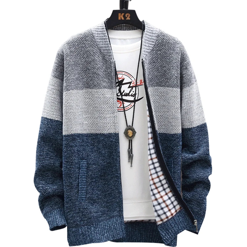 Cardigan Sweater Men Autumn Winter Fleece Zipper Sweaters Velvet Contrast Striped Sweater Coats Casual Jackets