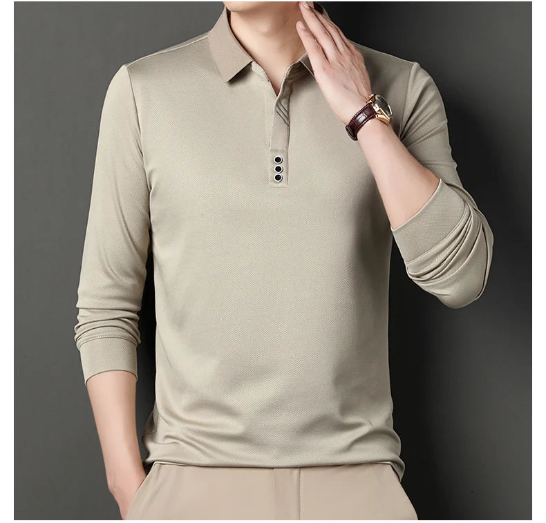 Men's Polo T-Shirt Casual Waffle Long Sleeve T-shirt Spring Autumn Elastic Lapel Base Shirt Top Brand Male Clothes