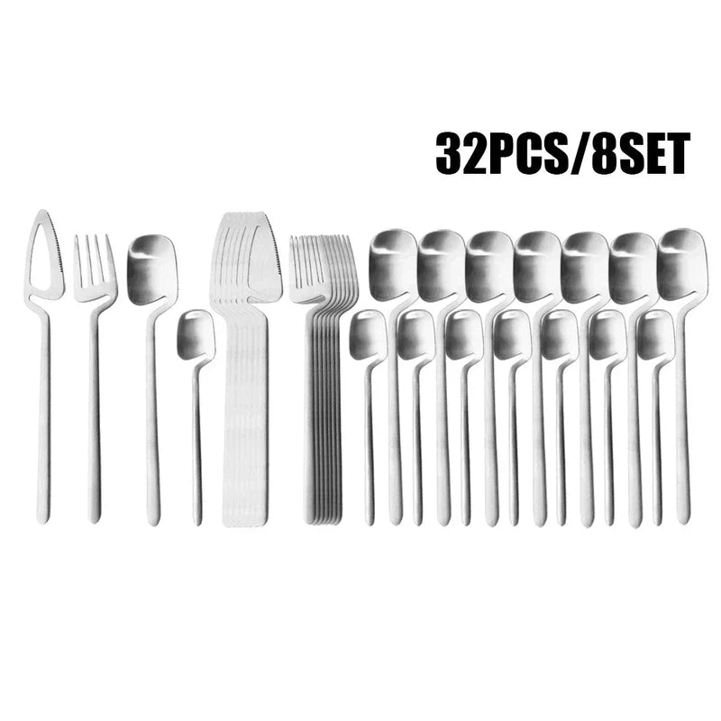 JANKNG 32pcs rose matte 304 stainless steel cutlery set including knives, forks, spoons for kitchen and party use.