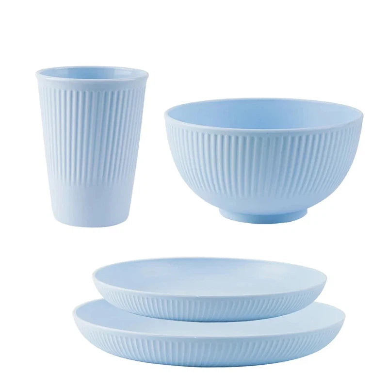 4Pcs Wheat Straw Tableware Set with Plate, Dish, Bowl, and Cup in Eco-Friendly Unbreakable Design for Kitchen and Camping.