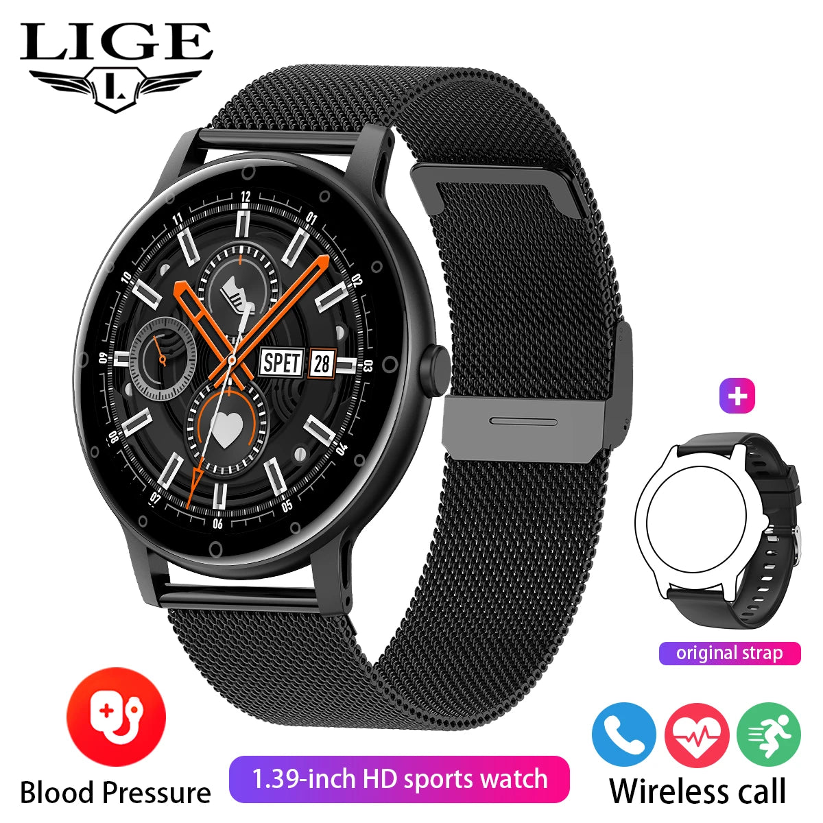 LIGE Smart Watch Men Outdoor Bluetooth Call Sports Fitness Watches Health Monitor Waterproof For Android IOS Smartwatch