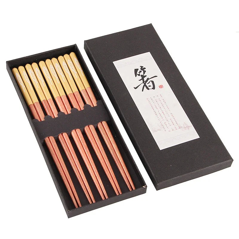 5 Pair Long Wooden Chopsticks Set in Gift Box, Multi-color, Non-slip Tableware