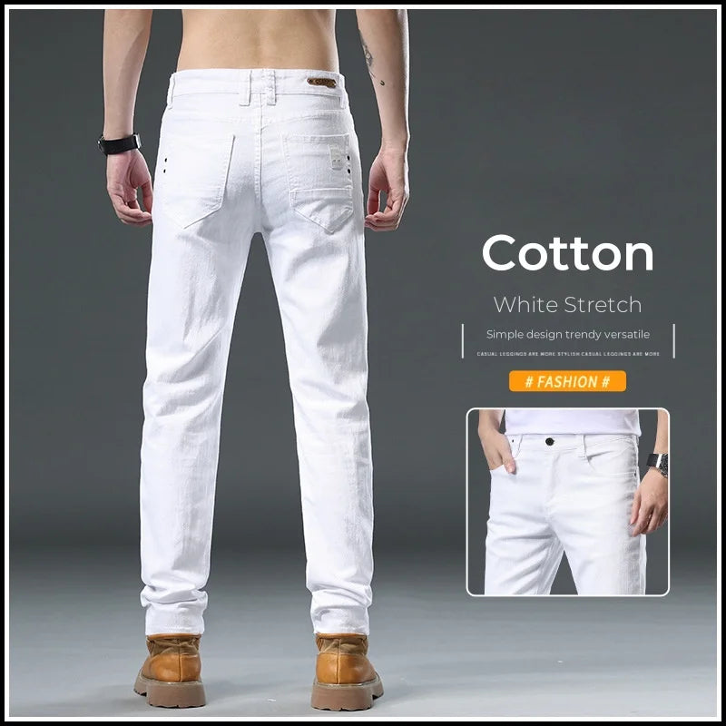 Men's Jean Slim Casual Jeans Pure White Stretch Straight Gentleman's Jeans Long Trousers Classic