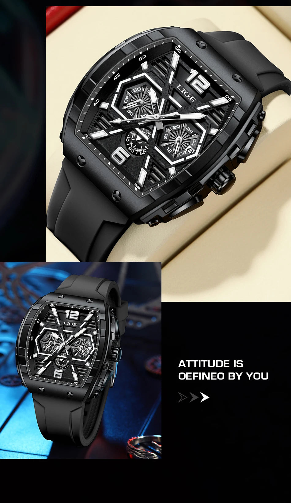 LIGE Top Brand Luxury Mens Watches Waterproof Sports Watch Silicone Strap Chronograph Quartz Wristwatch Relogio Masculino+BOX