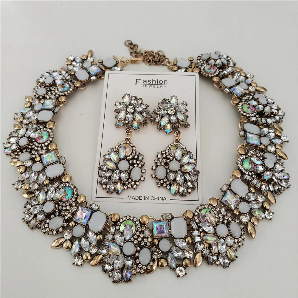Crystal Rhinestones Necklace Earrings Bridal Jewelry Sets Big Choker Necklace