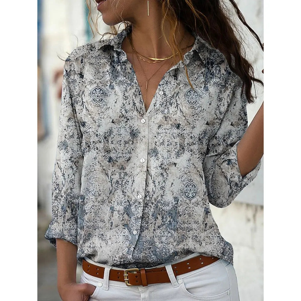 Women's Long Sleeve Shirt 3D Flower Printed Button Long Sleeve Tops Women's Blouse For Office Lady Clothing