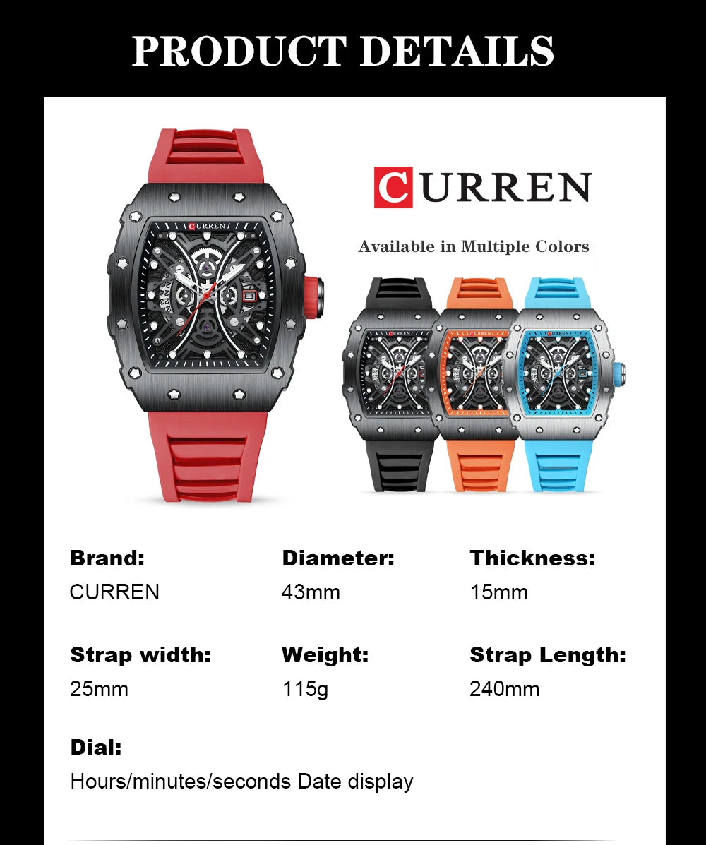 Men Quartz Watches CURREN 3D Stainless Steel Watches Waterproof Silicone Strap Wristwatch