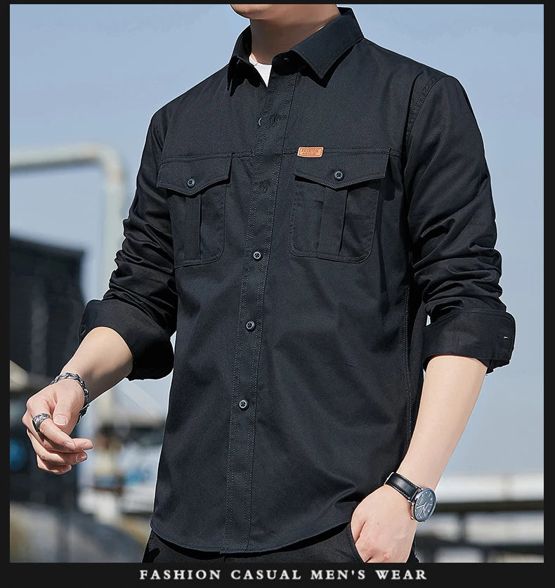 Men's Shirt Cotton New Cargo Style Long Sleeve Outdoor Casual High Quality Clothing