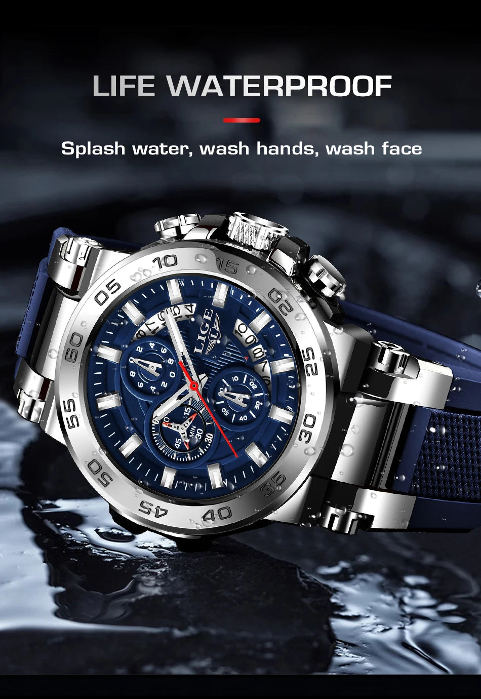 LIGE Men's Watches Top Luxury Brand Big Dial Waterproof Quartz Wristwatch Sport Chronograph Clock