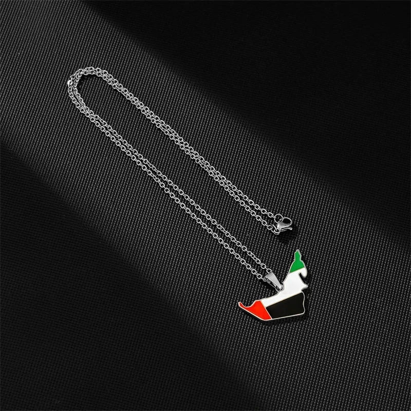 Stainless steel UAE map flag pendant necklace for women and men, gold silver plated, party jewelry.