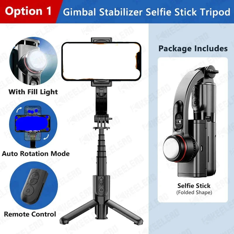 Selfie stick tripod with fill light gimbal stabilizer, Bluetooth remote, extendable, for smartphones, featuring auto rotation mode.