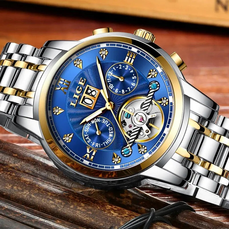 LIGE Luxury Tourbillon Watch for Men Sport Men's Mechanical Wristwatches Casual Waterproof Automatic Watch