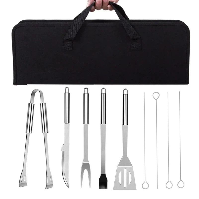 Stainless steel barbecue accessory kit with 9 tools, including tongs, knife, fork, skewers, and spatula, in a portable black zippered bag.